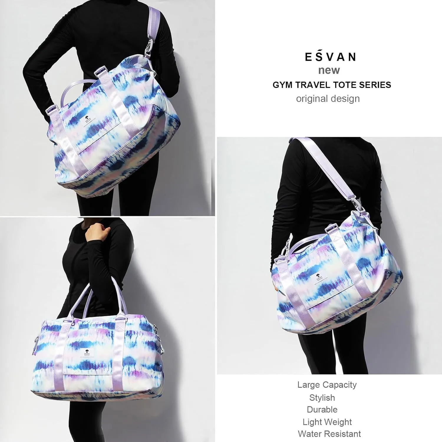 ESVAN Travel Tote Duffel Gym Bag,Weekender Overnight Carry-on Tote Crossbody Bag with Wet Pocket and Trolley Sleeve Upgraded