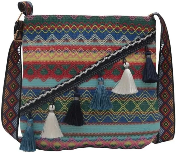 Ethnic Style Crossbody Bags Bohemian Clutch Purses Tassels Handbag Shoulder Bag Embroidery Zipper Pocket for Beach Travel Daily