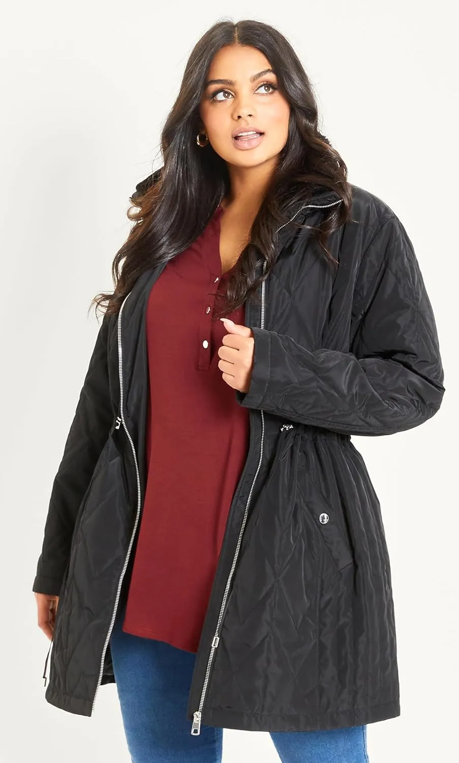 EVANS Women's Plus Size Coat Fur Collar Padded