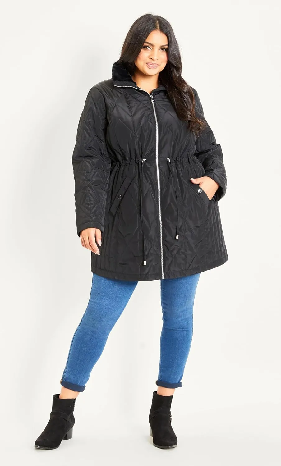 EVANS Women's Plus Size Coat Fur Collar Padded