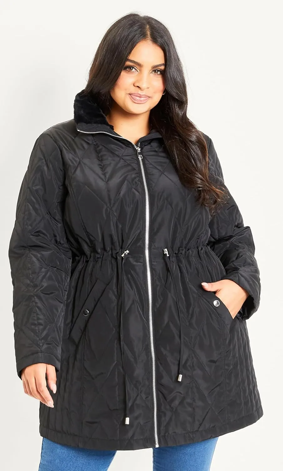 EVANS Women's Plus Size Coat Fur Collar Padded
