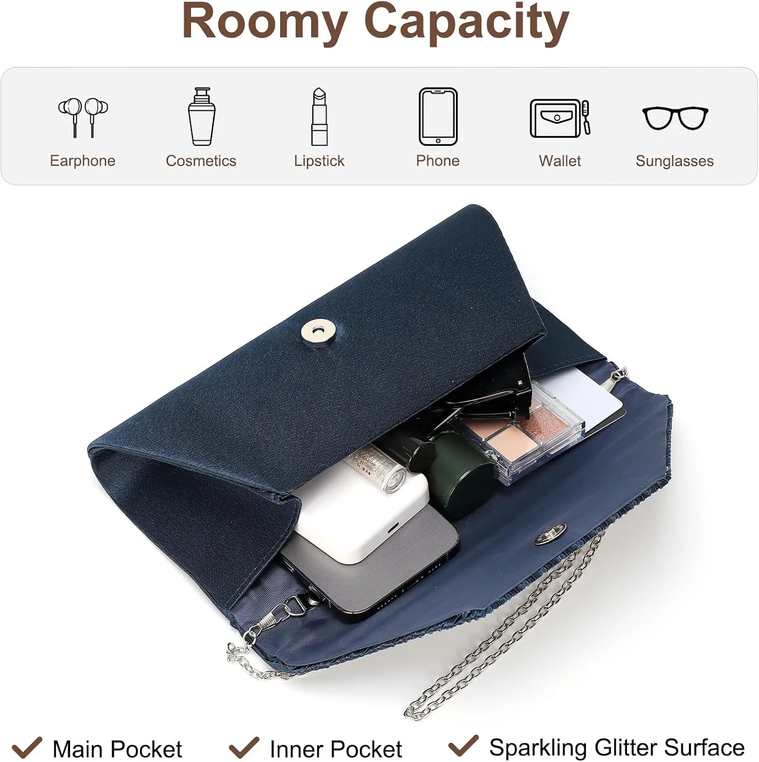 Evening Bags Clutch Purses for Women Formal, Purse Handbag Crossbody Bag Crystal Rhinestone with Chain Strap Shoulder Bag Sparkly for Wedding Guest Party Deep Blue