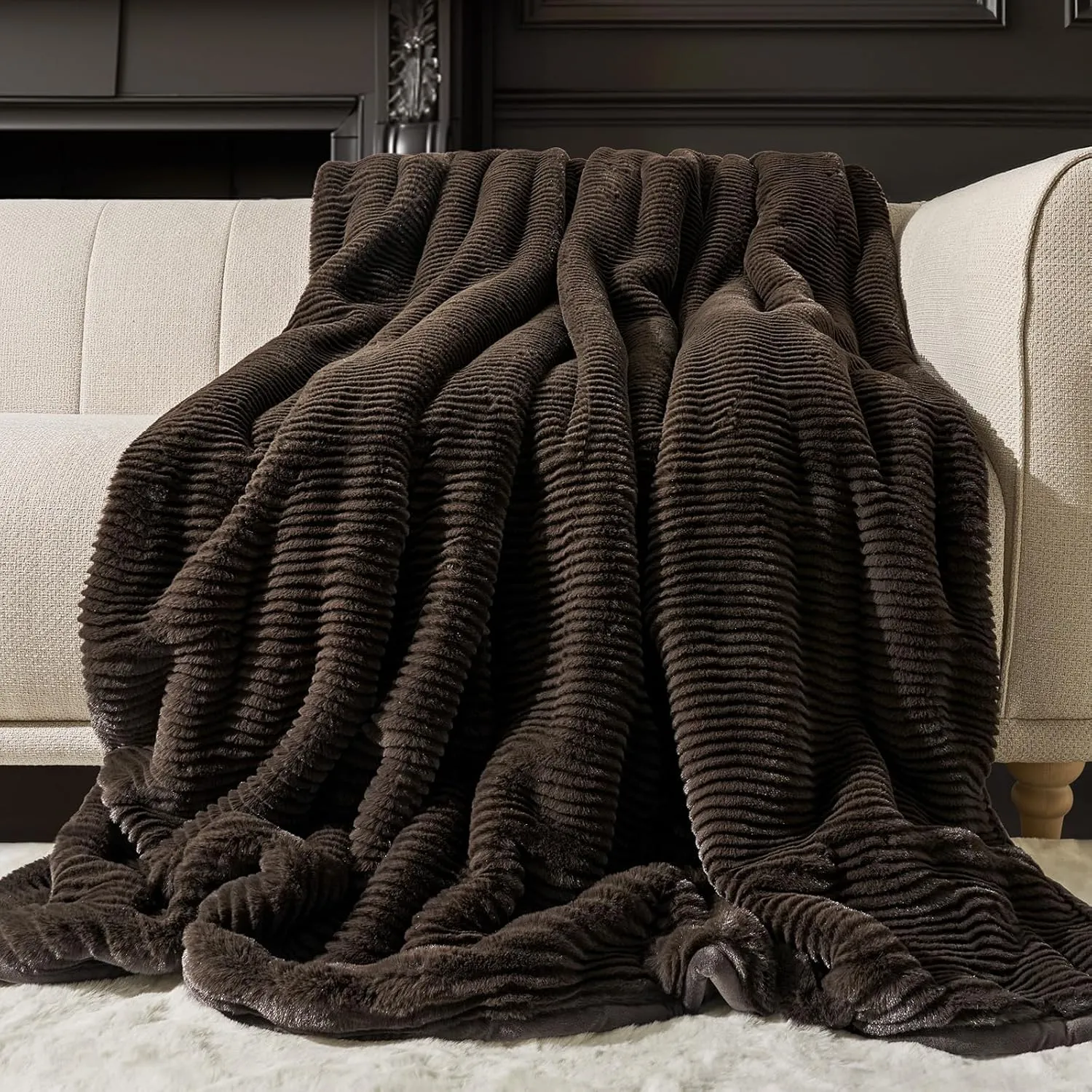 EVERGRACE Ultra Soft Faux Fur Throw Blanket for Couch, Luxury Sculpted Texture Faux Rabbit Fur Blanket for Bed, Fluffy Thick Plush Warm Fuzzy Throw, 920GSM (Dark Brown, 50''x60'')