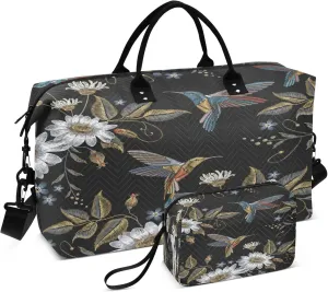 Exnundod Embroidery Hummingbird Daisy Travel Duffel Bags for Women Flower Vintage Bird Sports Gym Bag Weekender Carry On Tote Overnight Luggage Duffle Bags