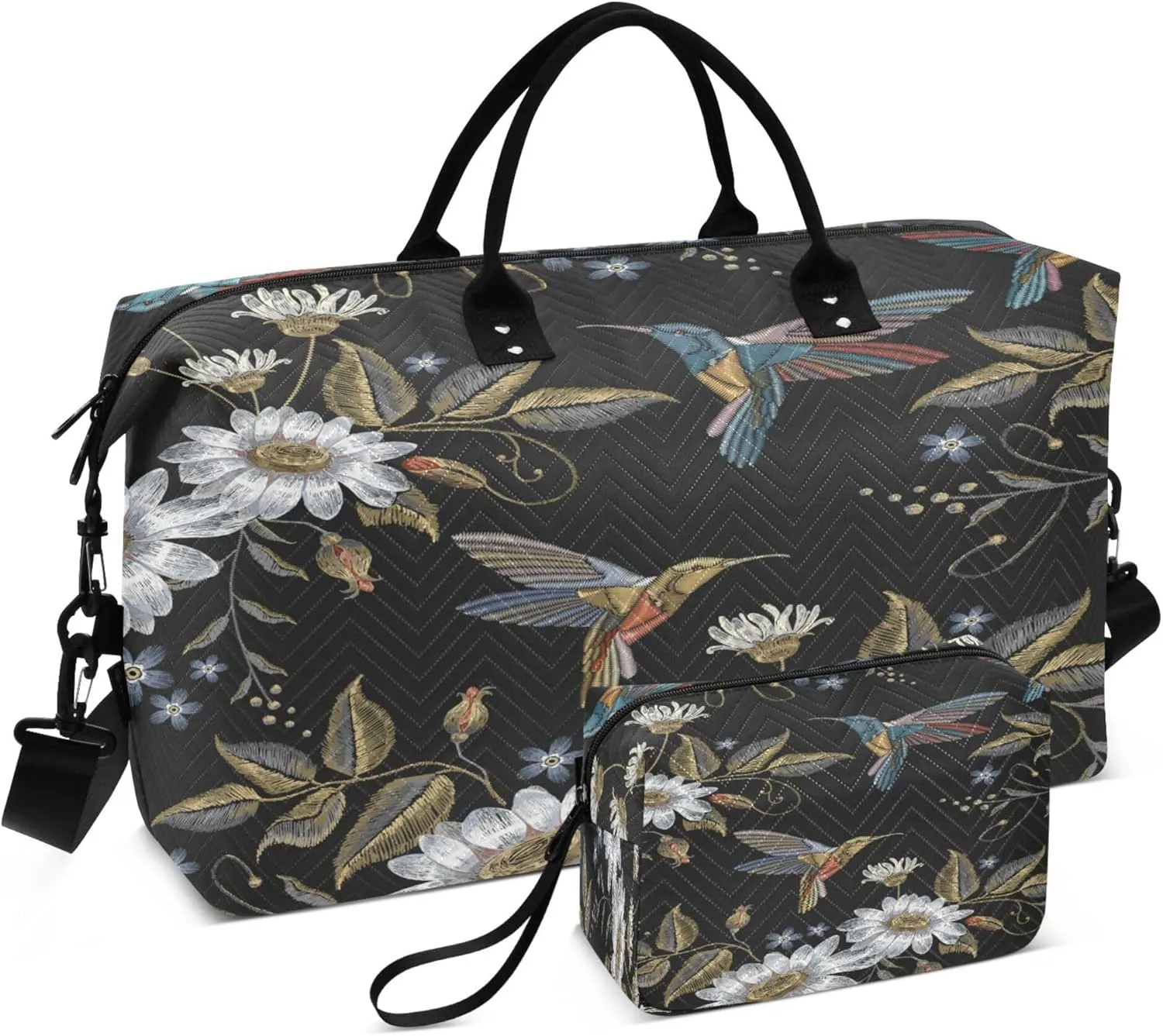 Exnundod Embroidery Hummingbird Daisy Travel Duffel Bags for Women Flower Vintage Bird Sports Gym Bag Weekender Carry On Tote Overnight Luggage Duffle Bags