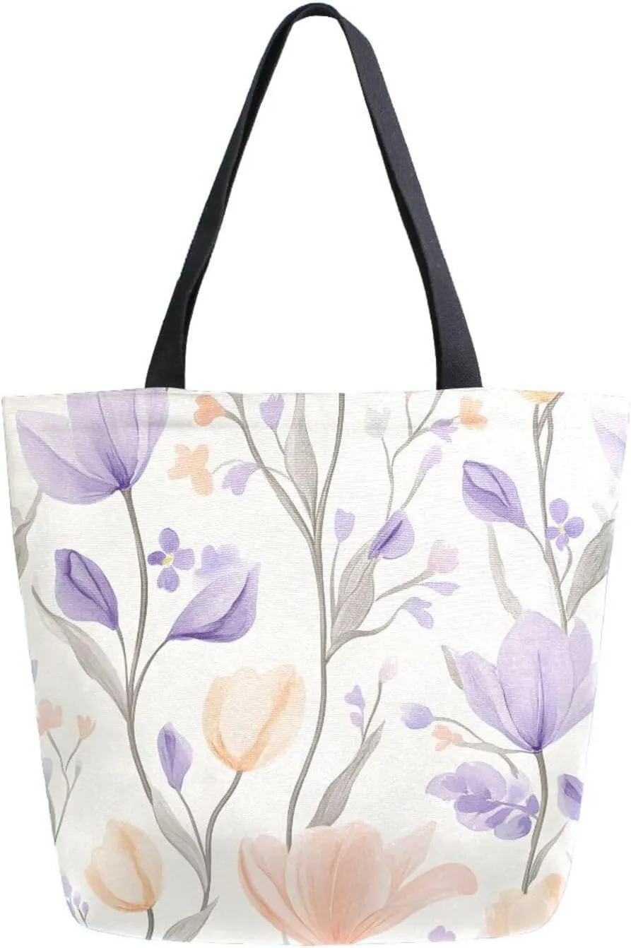 Extra Large Shoulder Tote Bag for Beach Travel Weekender Gym Purple Flesh Flowers Pattern Reusable Grocery Canvas Shopping Bag