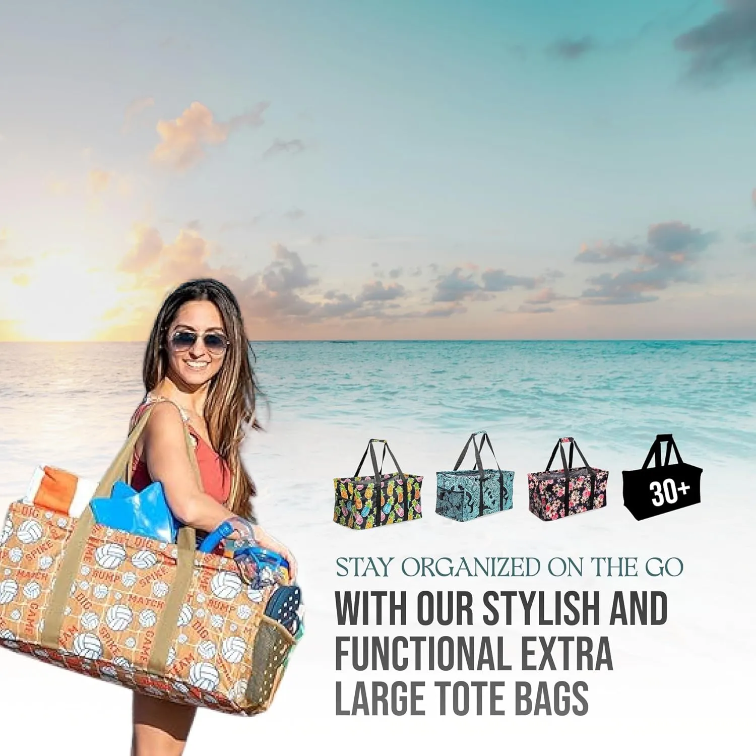 Extra Large Utility Tote Bag - Oversized Collapsible Reusable Wire Frame Rectangular Canvas Basket With Two Exterior Pockets For Beach, Pool, Laundry, Car Trunk, Storage - Camping