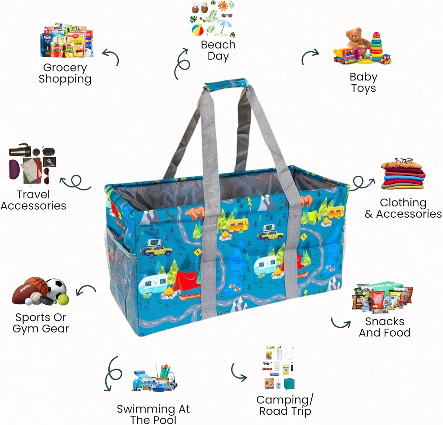 Extra Large Utility Tote Bag - Oversized Collapsible Reusable Wire Frame Rectangular Canvas Basket With Two Exterior Pockets For Beach, Pool, Laundry, Car Trunk, Storage - Camping