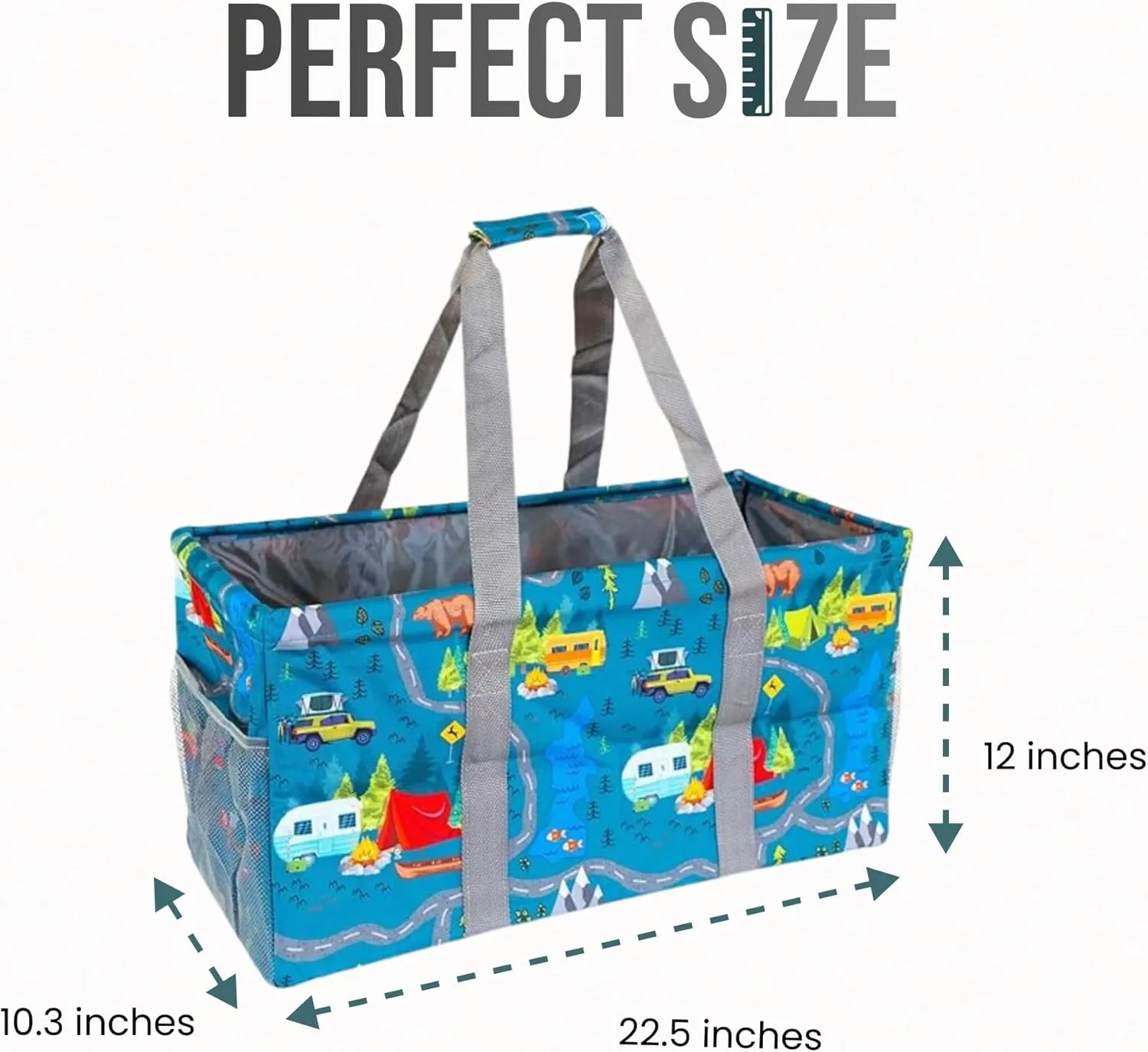 Extra Large Utility Tote Bag - Oversized Collapsible Reusable Wire Frame Rectangular Canvas Basket With Two Exterior Pockets For Beach, Pool, Laundry, Car Trunk, Storage - Camping
