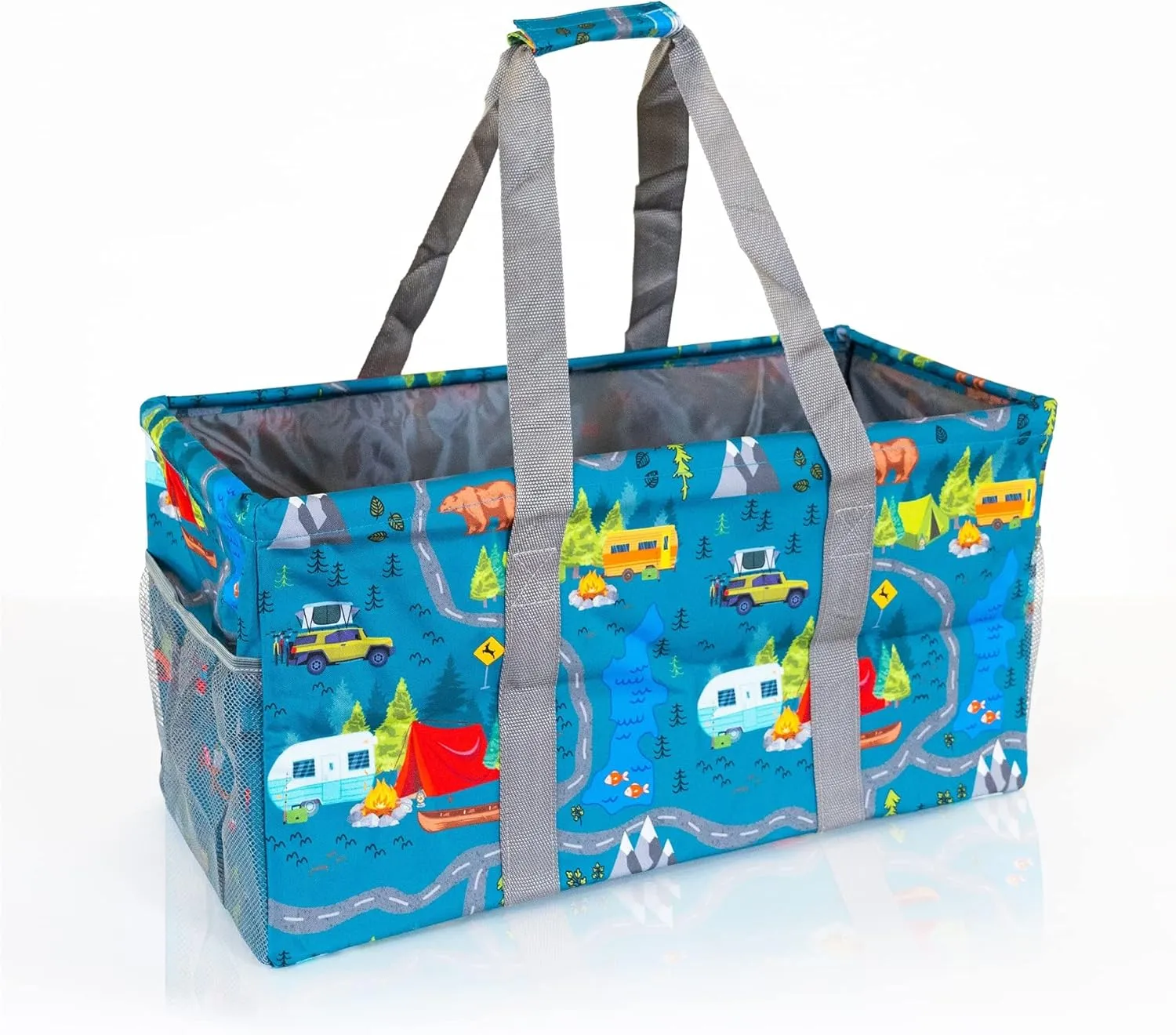 Extra Large Utility Tote Bag - Oversized Collapsible Reusable Wire Frame Rectangular Canvas Basket With Two Exterior Pockets For Beach, Pool, Laundry, Car Trunk, Storage - Camping