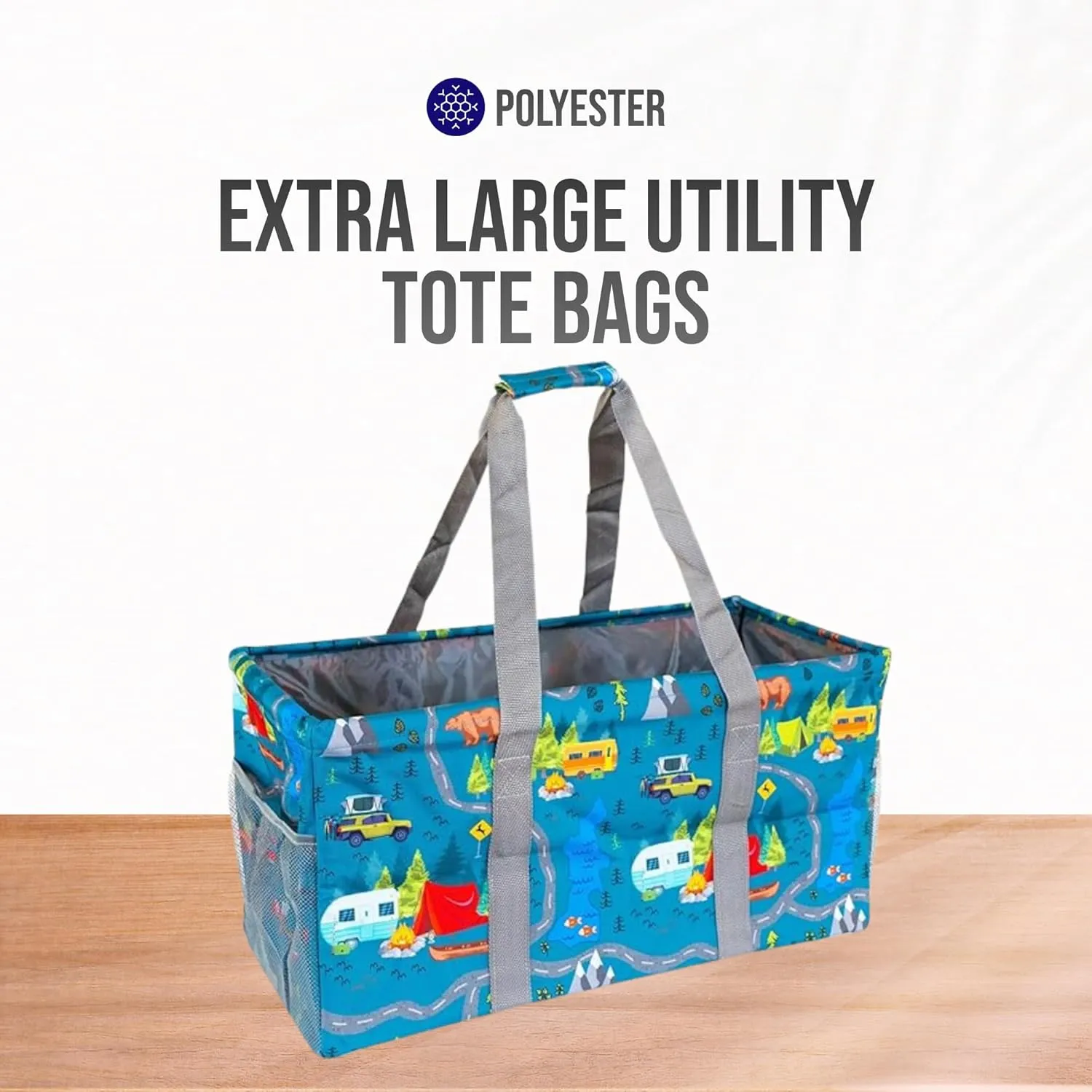 Extra Large Utility Tote Bag - Oversized Collapsible Reusable Wire Frame Rectangular Canvas Basket With Two Exterior Pockets For Beach, Pool, Laundry, Car Trunk, Storage - Camping