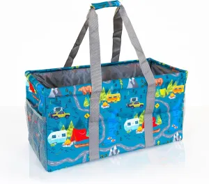 Extra Large Utility Tote Bag - Oversized Collapsible Reusable Wire Frame Rectangular Canvas Basket With Two Exterior Pockets For Beach, Pool, Laundry, Car Trunk, Storage - Camping