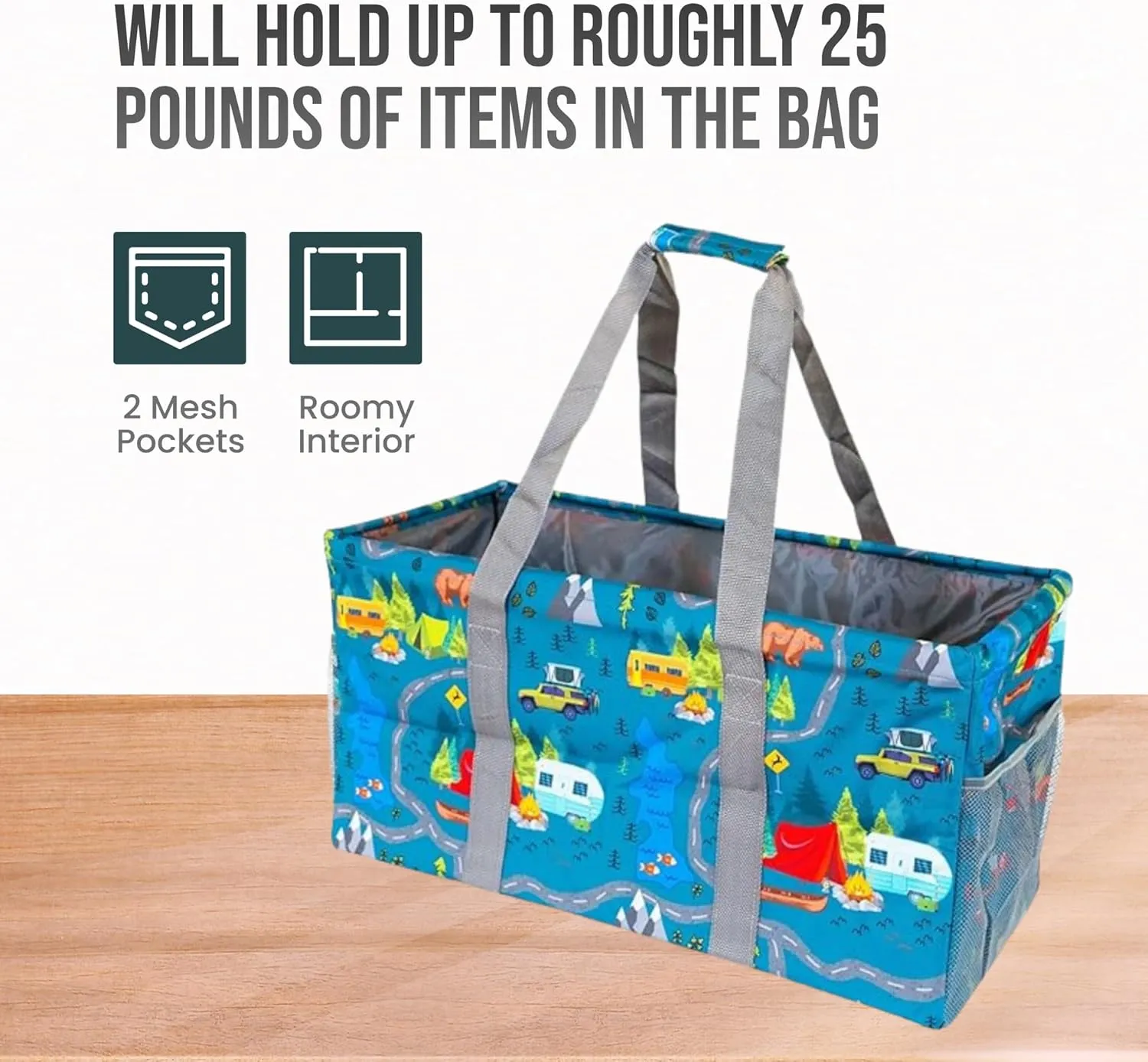 Extra Large Utility Tote Bag - Oversized Collapsible Reusable Wire Frame Rectangular Canvas Basket With Two Exterior Pockets For Beach, Pool, Laundry, Car Trunk, Storage - Camping