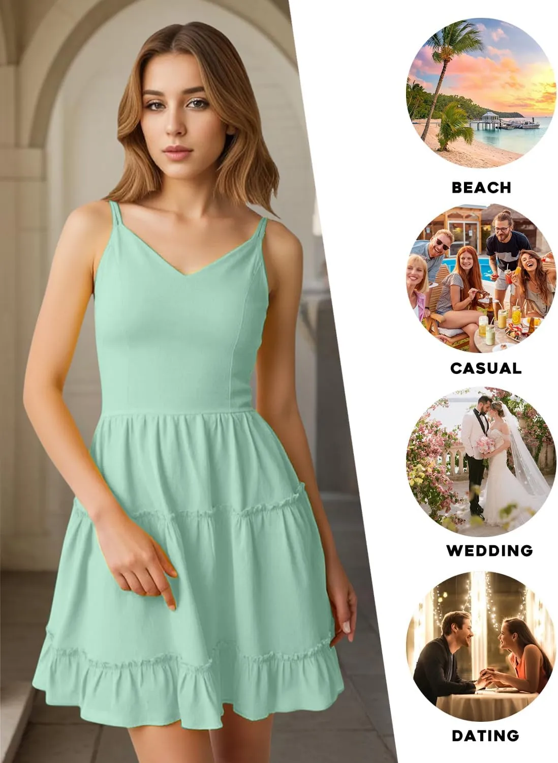 FANCYINN Women Floral Casual Tiered Mini Dresses Spaghetti Strap V Neck Backless A Line Swing Short Dress with Pockets