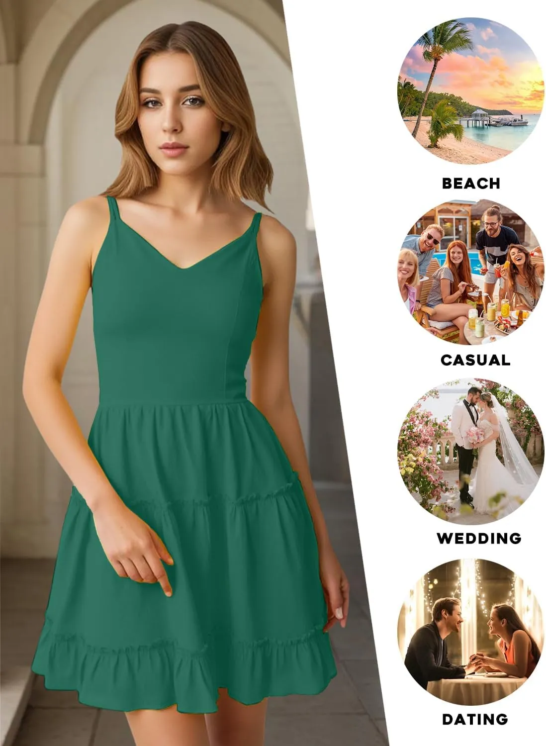 FANCYINN Women Floral Casual Tiered Mini Dresses Spaghetti Strap V Neck Backless A Line Swing Short Dress with Pockets