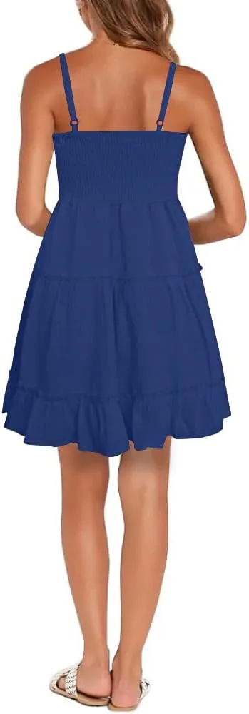 FANCYINN Women Floral Casual Tiered Mini Dresses Spaghetti Strap V Neck Backless A Line Swing Short Dress with Pockets
