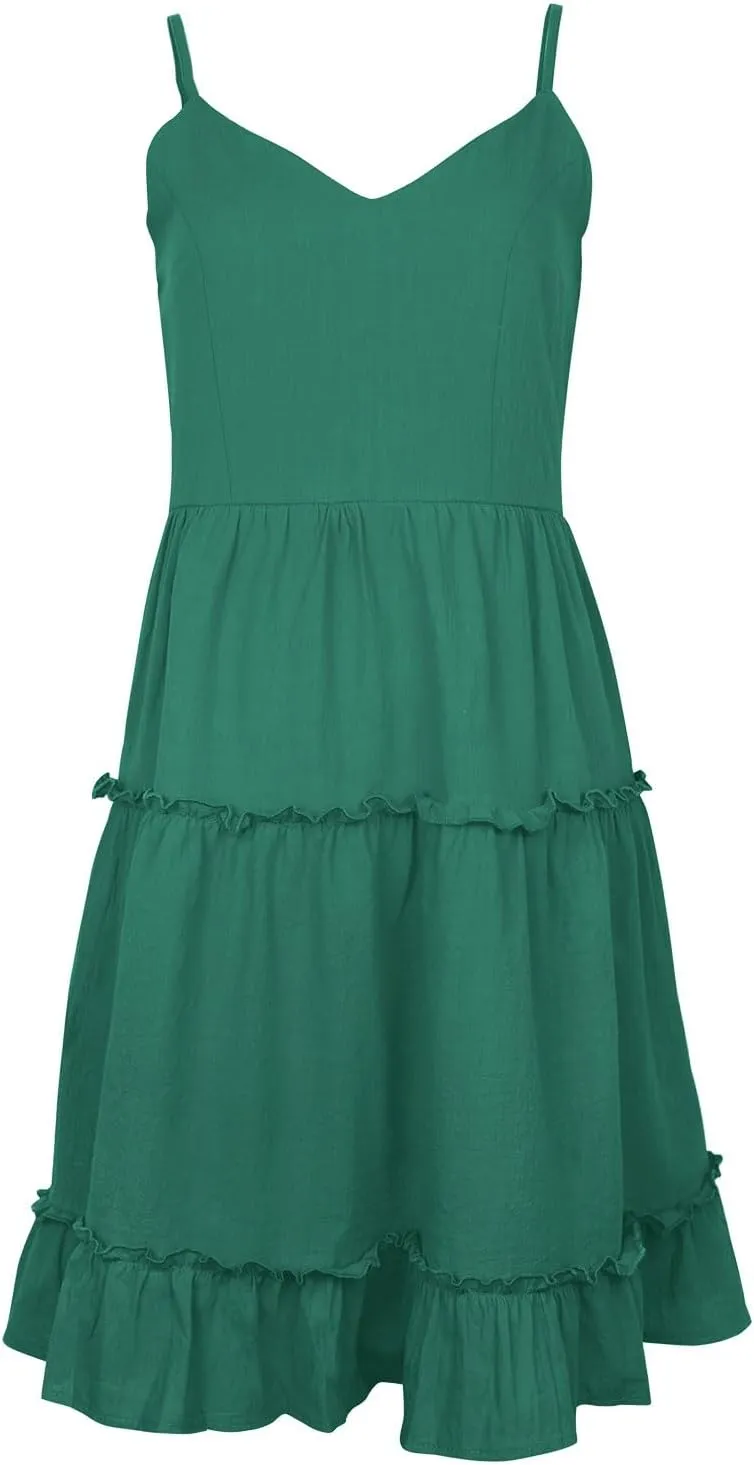 FANCYINN Women Floral Casual Tiered Mini Dresses Spaghetti Strap V Neck Backless A Line Swing Short Dress with Pockets