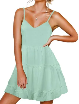 FANCYINN Women Floral Casual Tiered Mini Dresses Spaghetti Strap V Neck Backless A Line Swing Short Dress with Pockets