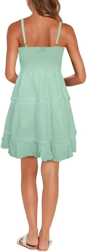 FANCYINN Women Floral Casual Tiered Mini Dresses Spaghetti Strap V Neck Backless A Line Swing Short Dress with Pockets