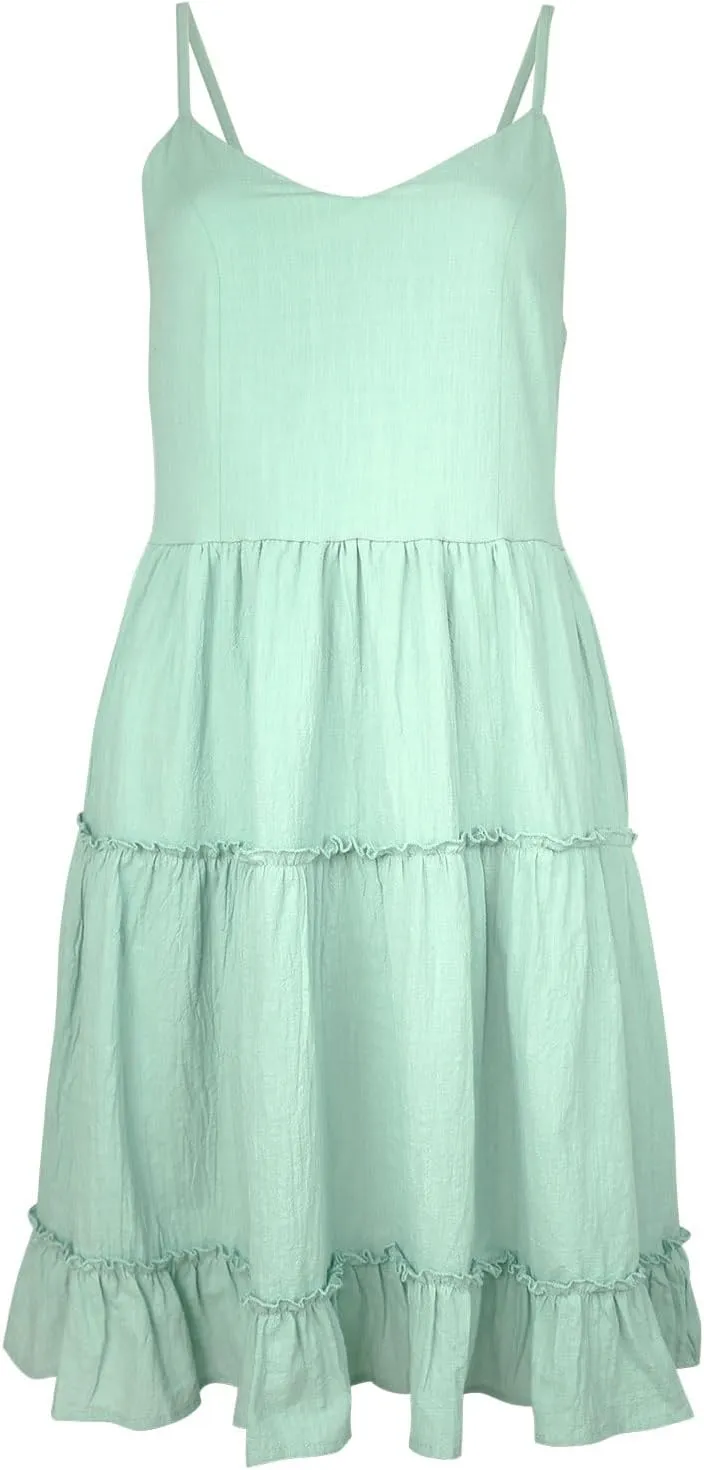 FANCYINN Women Floral Casual Tiered Mini Dresses Spaghetti Strap V Neck Backless A Line Swing Short Dress with Pockets