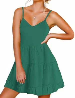 FANCYINN Women Floral Casual Tiered Mini Dresses Spaghetti Strap V Neck Backless A Line Swing Short Dress with Pockets