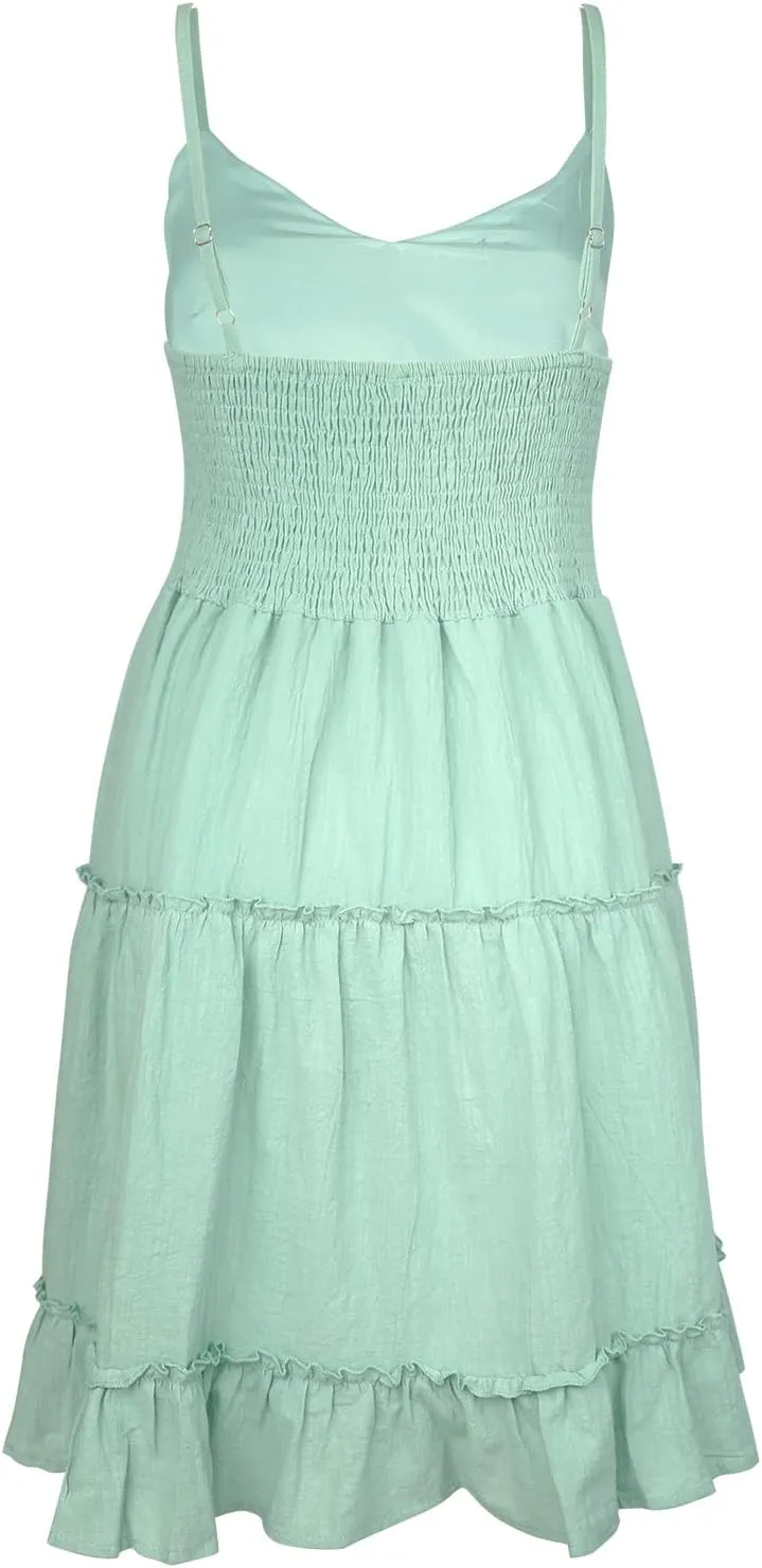 FANCYINN Women Floral Casual Tiered Mini Dresses Spaghetti Strap V Neck Backless A Line Swing Short Dress with Pockets