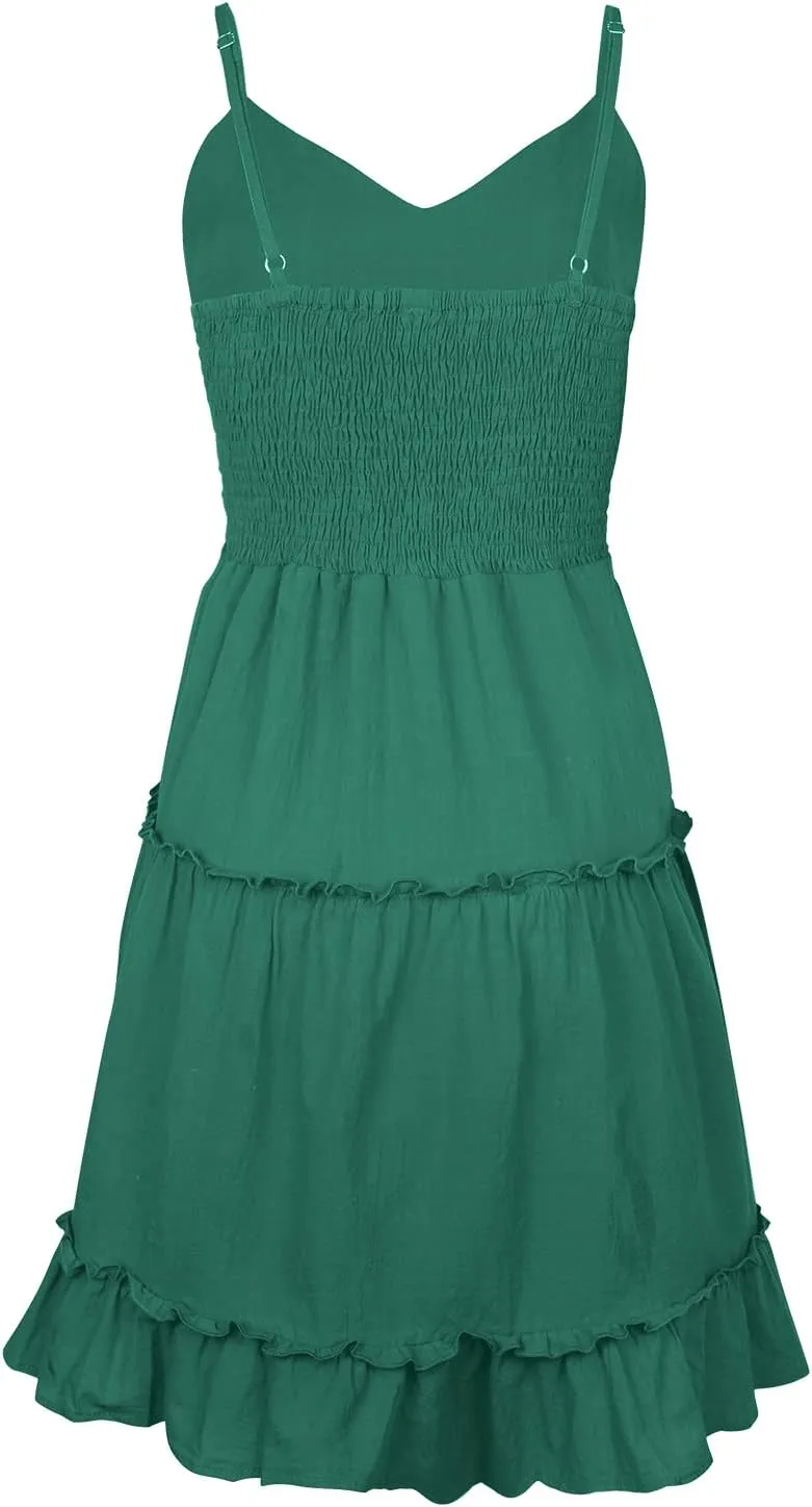 FANCYINN Women Floral Casual Tiered Mini Dresses Spaghetti Strap V Neck Backless A Line Swing Short Dress with Pockets