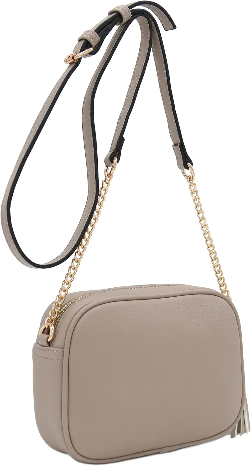 FashionPuzzle Chevron Quilted Crossbody Camera Bag with Chain Strap and Tassel