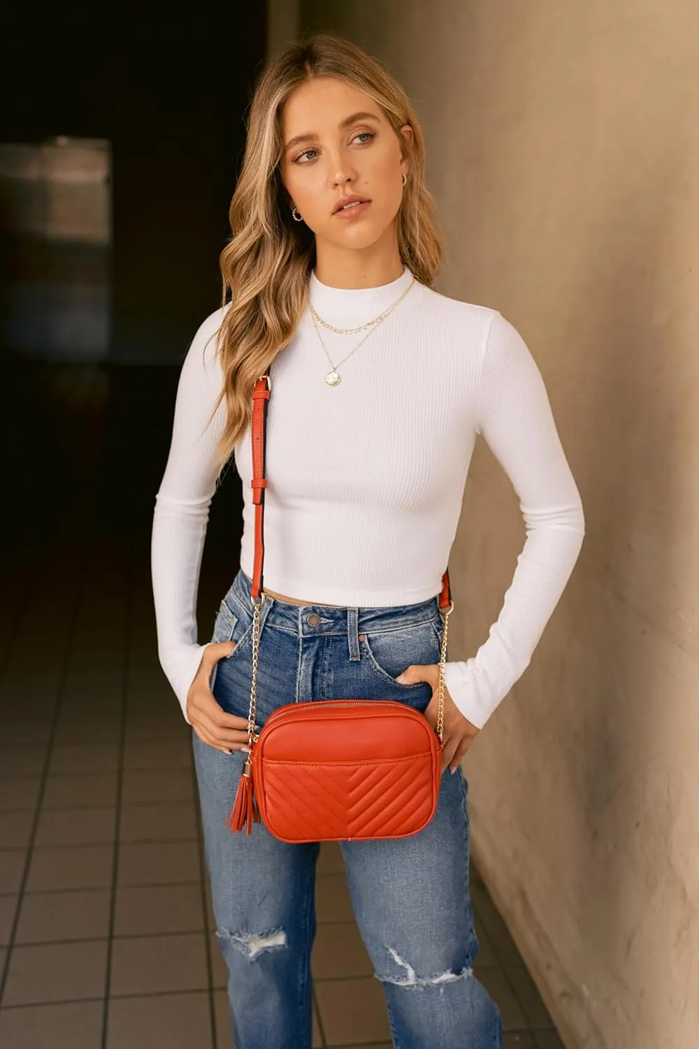 FashionPuzzle Chevron Quilted Crossbody Camera Bag with Chain Strap and Tassel