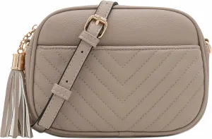 FashionPuzzle Chevron Quilted Crossbody Camera Bag with Chain Strap and Tassel