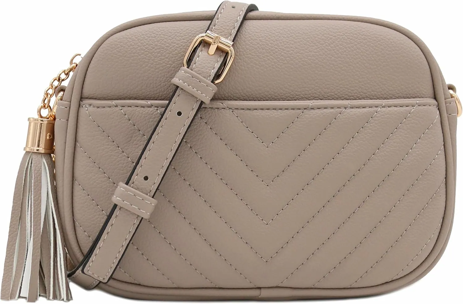 FashionPuzzle Chevron Quilted Crossbody Camera Bag with Chain Strap and Tassel