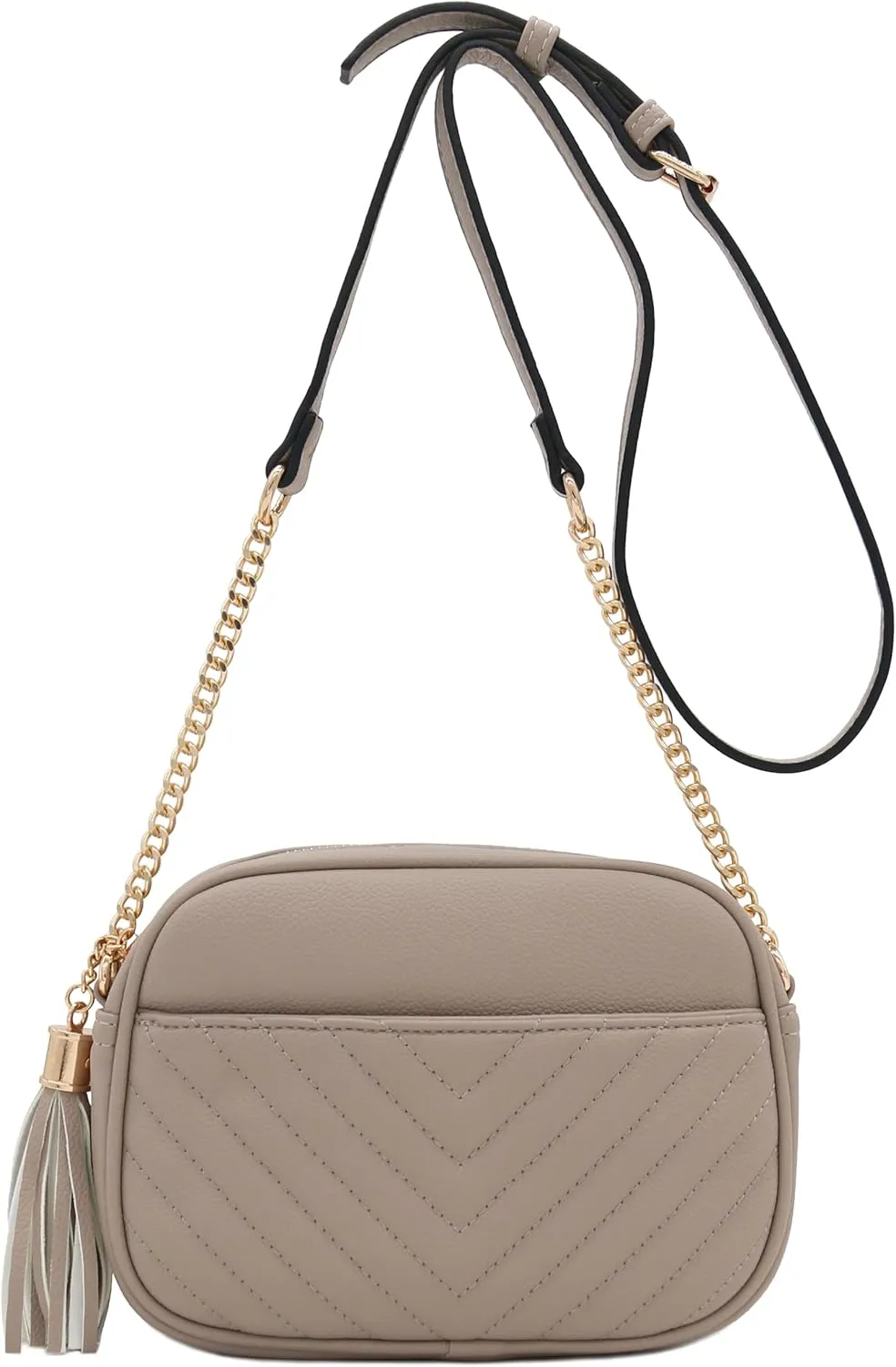 FashionPuzzle Chevron Quilted Crossbody Camera Bag with Chain Strap and Tassel
