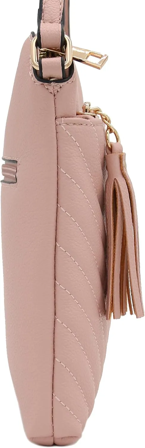 FashionPuzzle Chevron Quilted Medium Crossbody Bag with Tassel Accent