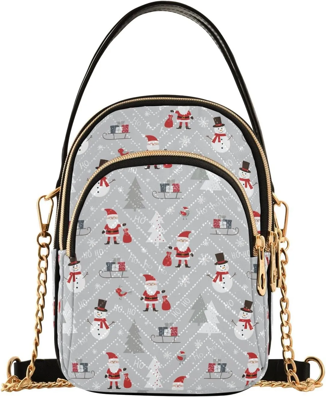 Father Christmas Designe Quilted Shoulder Handbag for Women Stylish Crossbody Handbags with Detachable Leather Chain Shoulder Strap