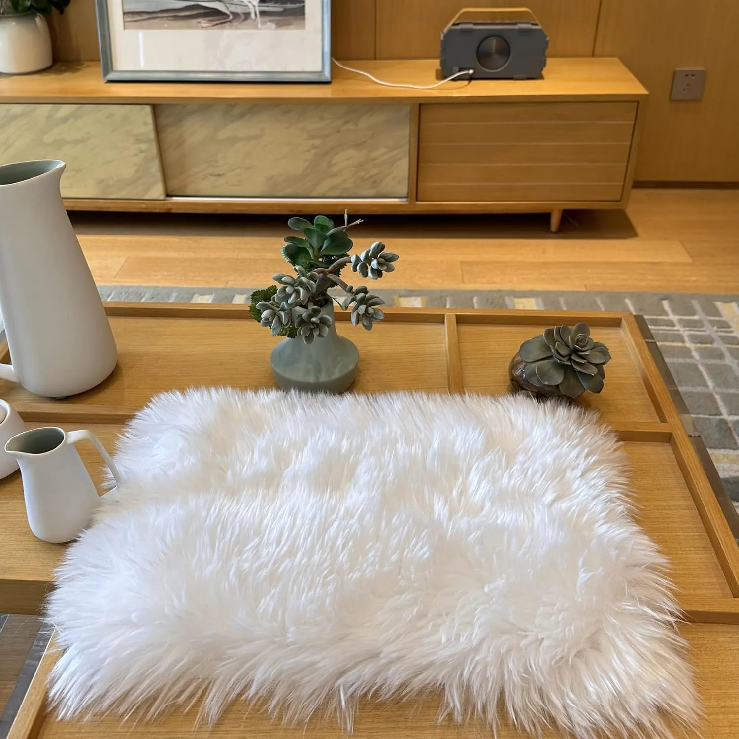 Faux Fur Placemats White Fur Table Runner Small Luxury Shaggy Sheepskin Table Linen Wedding Decor Designer Accessories Set of 2 (White, 18 x 12 inches)