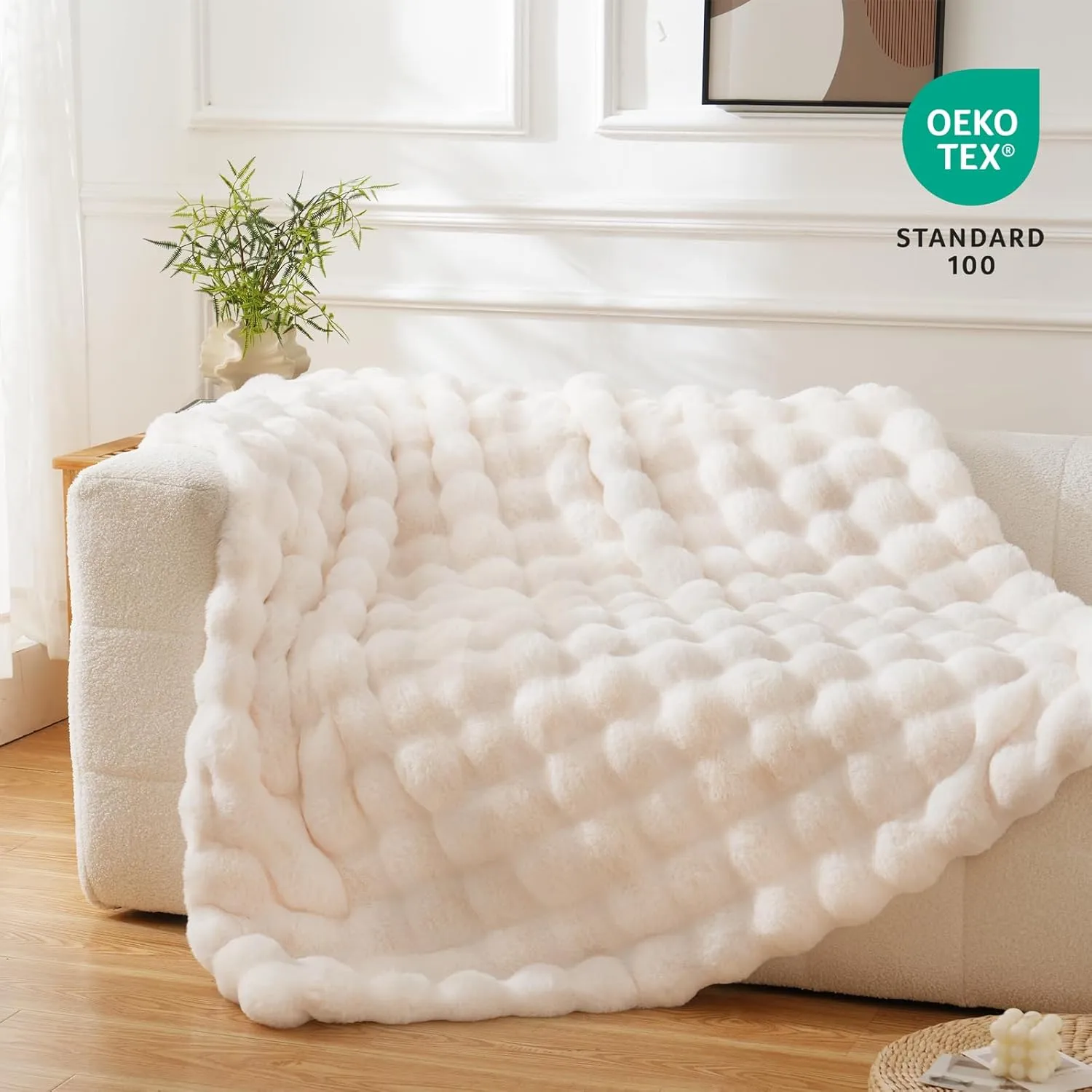 Faux Fur Throw Blanket for Couch - Fluffy Soft Thick Bubble Blanket for Living Room Home Decor - Mothers Day Birthday Gifts for Women, Cream White, 51" x 63"