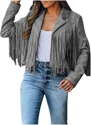 Faux Suede Leather Fringe Jacket for Women 70s Hippie Cardigans Trendy Motorcycle Tassels Long Sleeve Coats