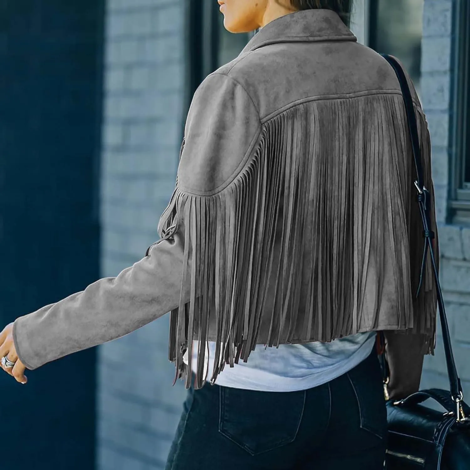 Faux Suede Leather Fringe Jacket for Women 70s Hippie Cardigans Trendy Motorcycle Tassels Long Sleeve Coats