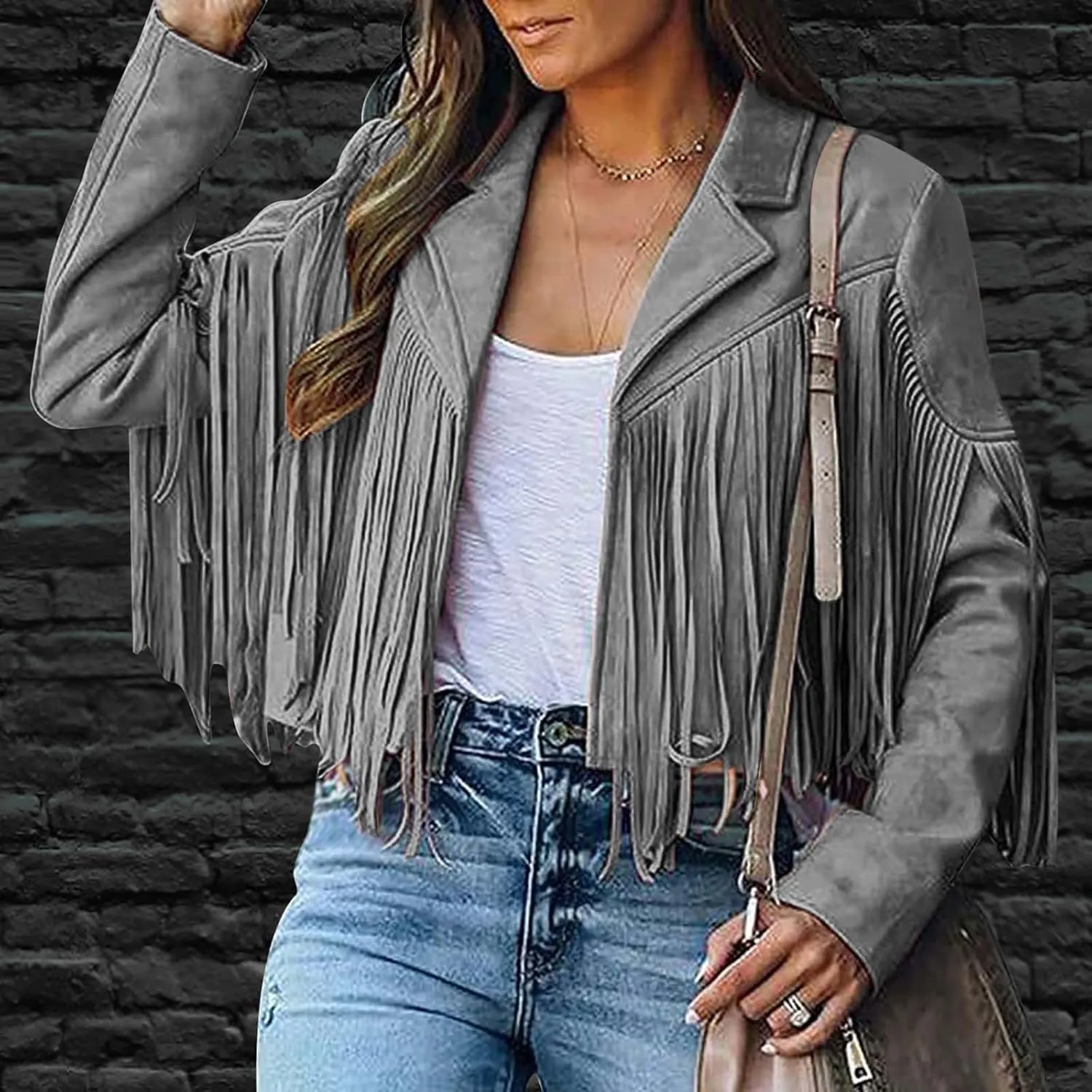 Faux Suede Leather Fringe Jacket for Women 70s Hippie Cardigans Trendy Motorcycle Tassels Long Sleeve Coats