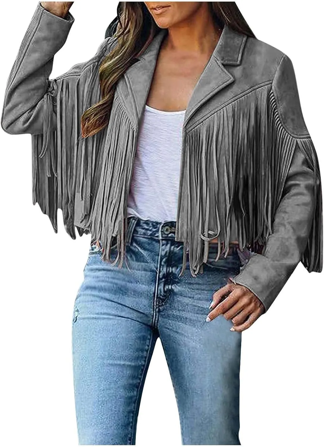 Faux Suede Leather Fringe Jacket for Women 70s Hippie Cardigans Trendy Motorcycle Tassels Long Sleeve Coats