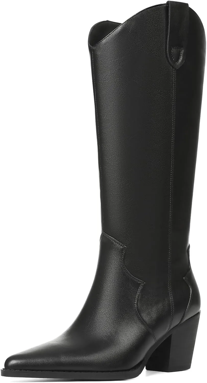 femflame Cowboy Boots for Women Pointed Toe Chunky Heel Knee High Boots Embroidered Western Boots