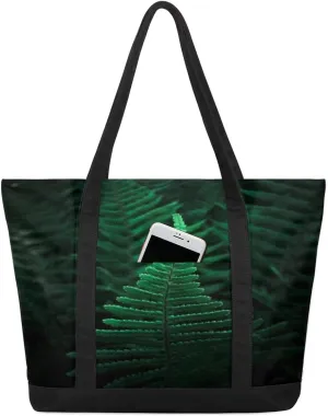 Ferns Green Plants Tote Bag Tote Bag for Women Reusable Grocery Shopping Cloth Bags with Zipper Large Capacity Foldable Handbag Gym Bag for Gift Activity