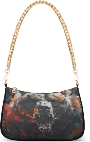 Fierce Bear Cute Chain Shoulder Bag Hobo Tote Handbag Mini Clutch Purse with Zipper Closure for Women