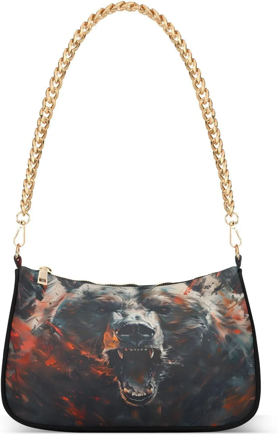 Fierce Bear Cute Chain Shoulder Bag Hobo Tote Handbag Mini Clutch Purse with Zipper Closure for Women