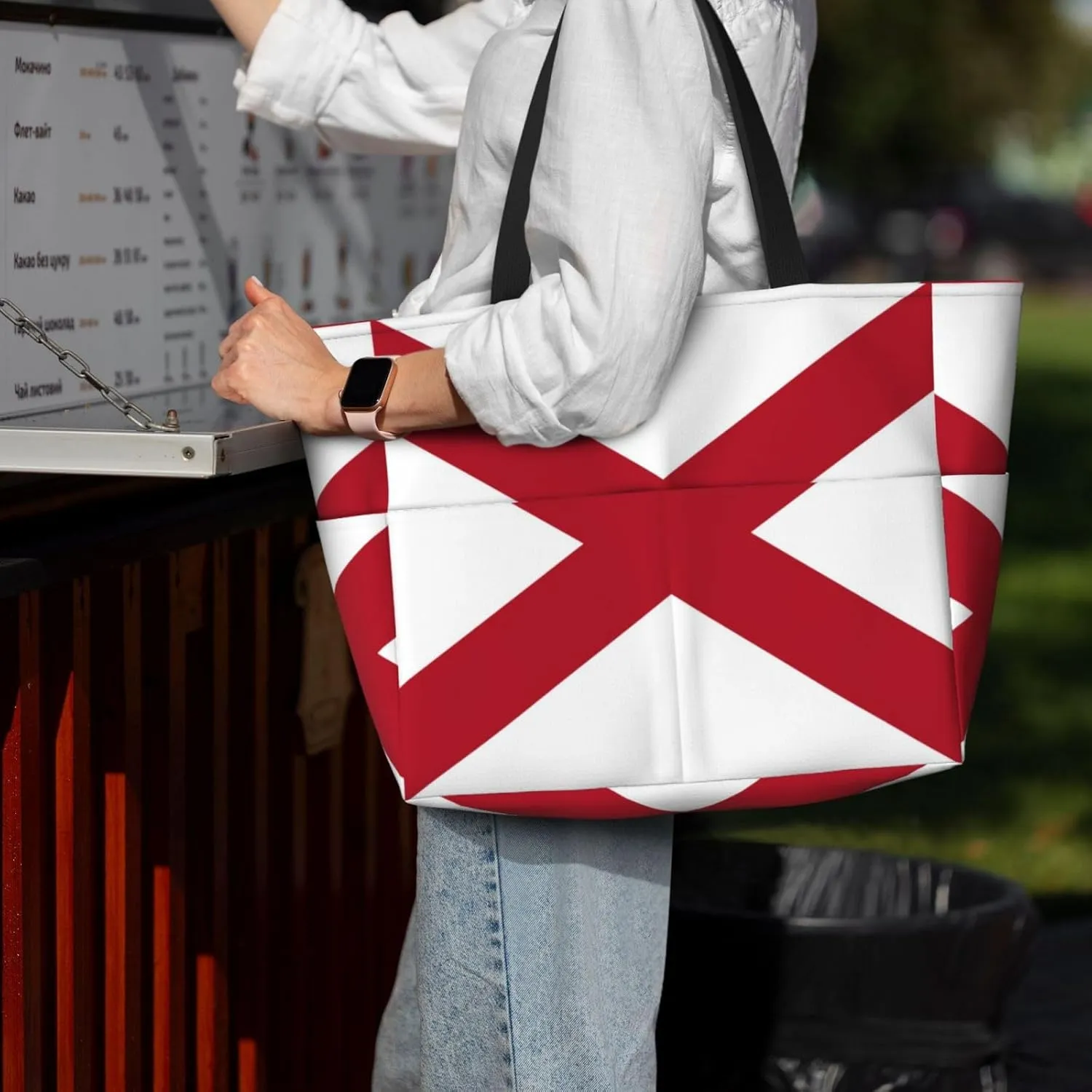 Flag Beach Tote Pool Bags for Women-Cute National Flag Large Grocery Tote Travel Reusable Handbags,7 Pockets, Zipper