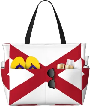 Flag Beach Tote Pool Bags for Women-Cute National Flag Large Grocery Tote Travel Reusable Handbags,7 Pockets, Zipper