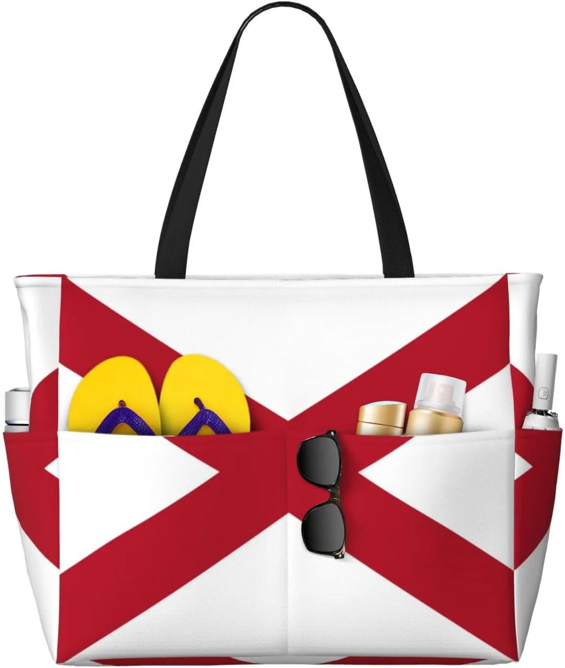 Flag Beach Tote Pool Bags for Women-Cute National Flag Large Grocery Tote Travel Reusable Handbags,7 Pockets, Zipper