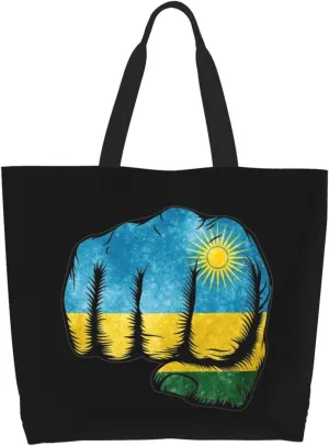 Flag of Rwanda Fist Power Canvas Tote Bags for Women, Ladies Shoulder Handbags Large Purse Lightweight Foldable Reusable Shopping Bag with Pockets for Work, Travel, 15.7x19.7in