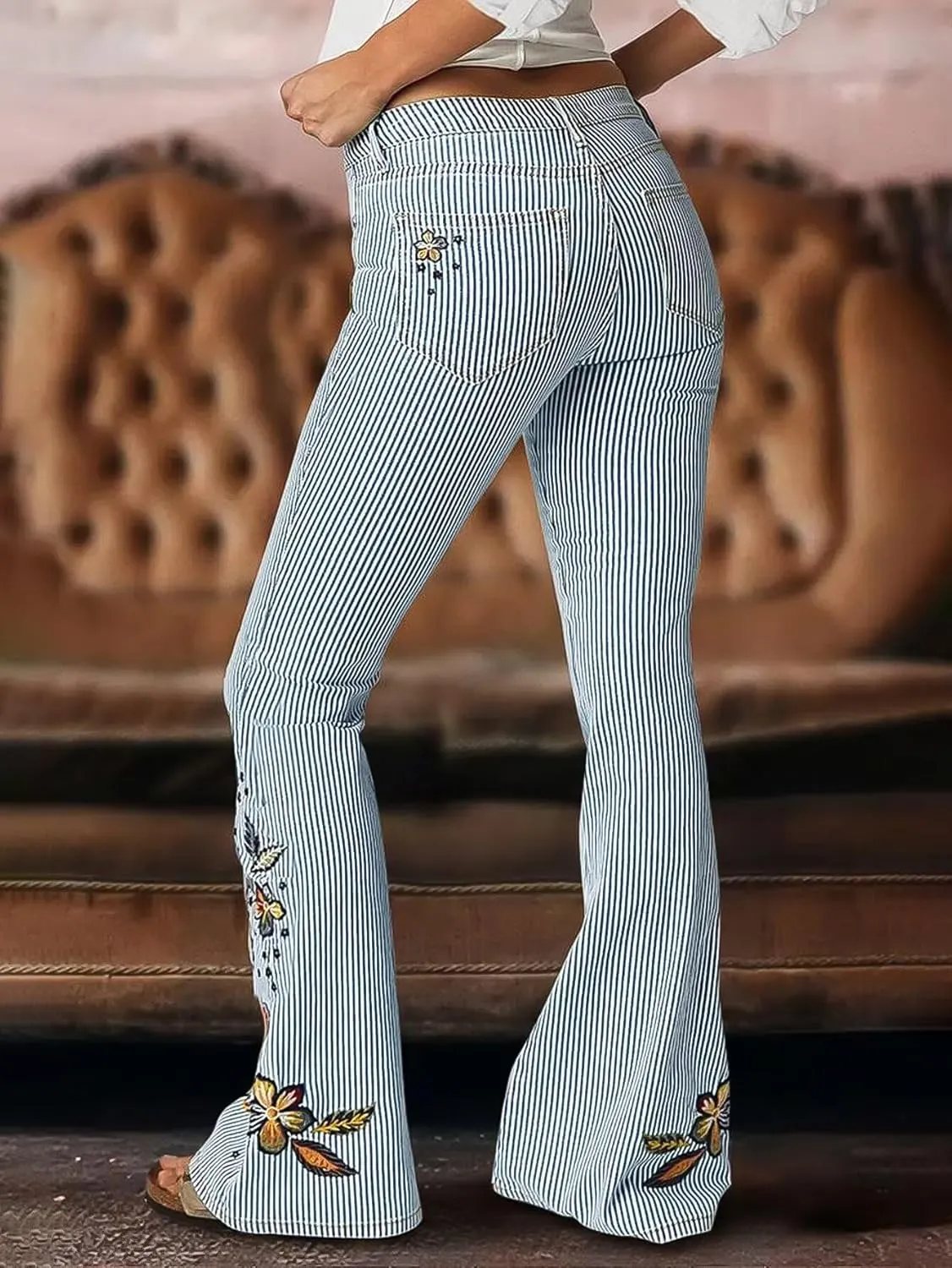 Flamingals Women's Low Rise Stretch Denim Bootcut Jeans with Striped Embroidery Casual Pants