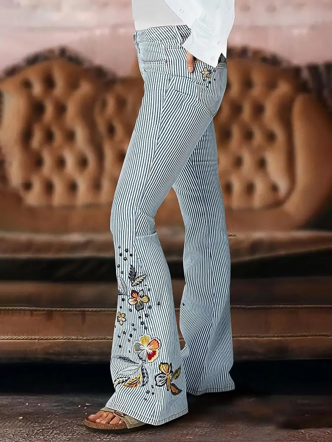 Flamingals Women's Low Rise Stretch Denim Bootcut Jeans with Striped Embroidery Casual Pants